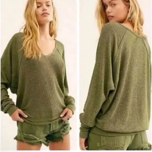 Free People Santa Clara Thermal Waffle knit long sleeve Dolman in Ferngully NWT - Picture 3 of 13